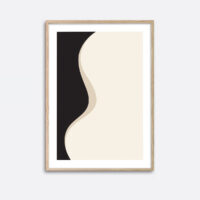 An oak frame hanging on a wall with an art print with a minimalistic expression with black and beige colours