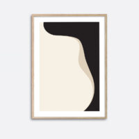 An oak frame hanging on a wall with an art print inside with a minimalistic graphic expression of black and beige colours