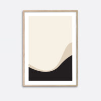 An oak frame hanging on a wall with an art print inside with a minimalistic graphic expression of black and beige colours