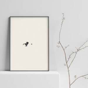 art print name: The Dot, with a beige background and a little bird standing in front of a dot